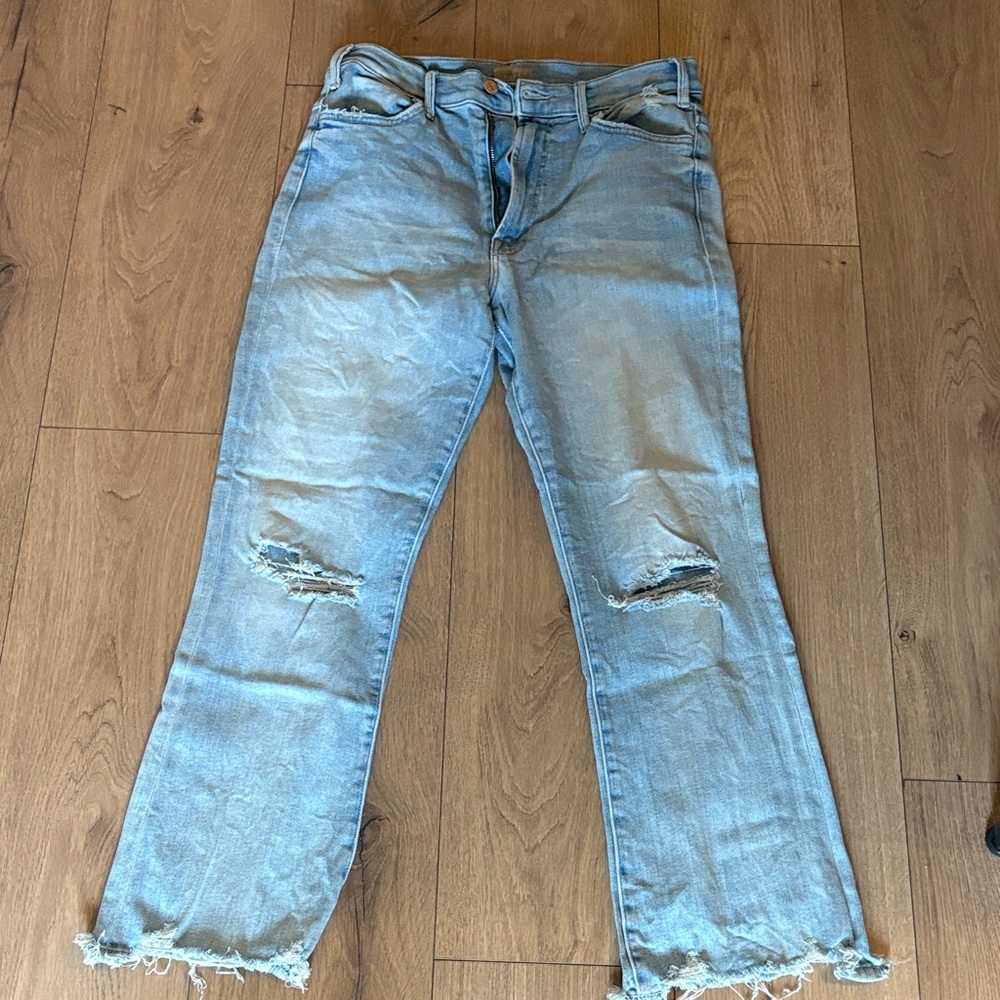 MOTHER Light Blue Distressed Straight Leg Jeans